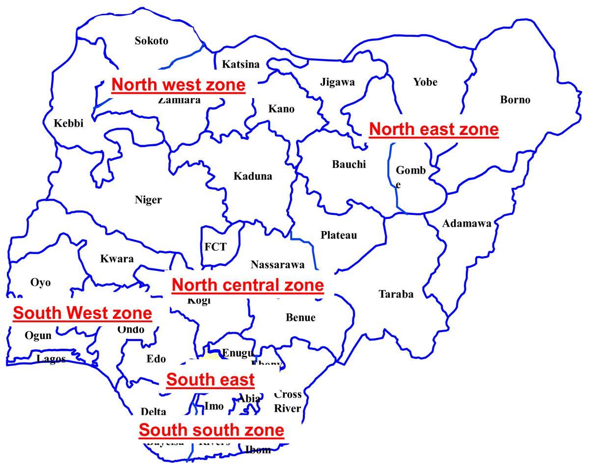 kartta nigeria osoittaa kuusi geopoliittiset alueet