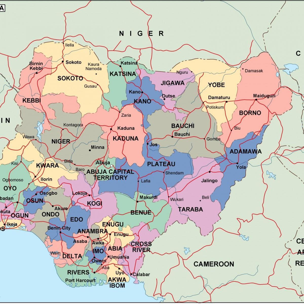 Kartta nigerian kanssa valtiot ja kaupungit