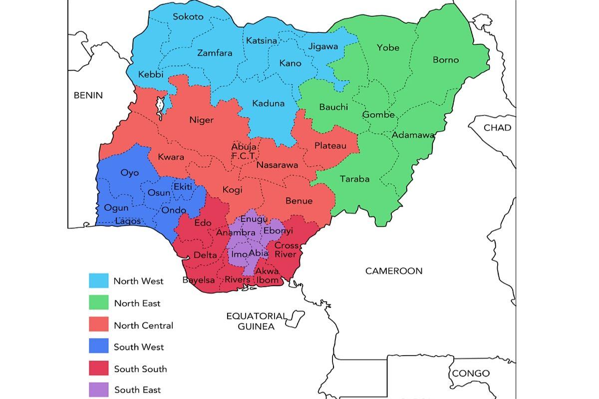 Nigerian kartta geopoliittiset alueet - Kartta nigeria osoittaa  geopoliittiset alueet (Länsi-Afrikka - Afrikka)