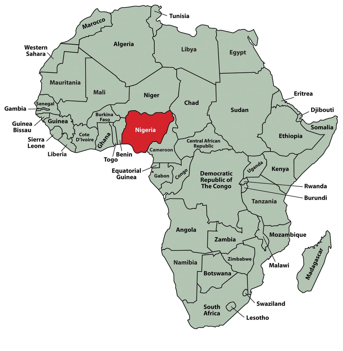 Afrikan kartan osoittaa nigeria