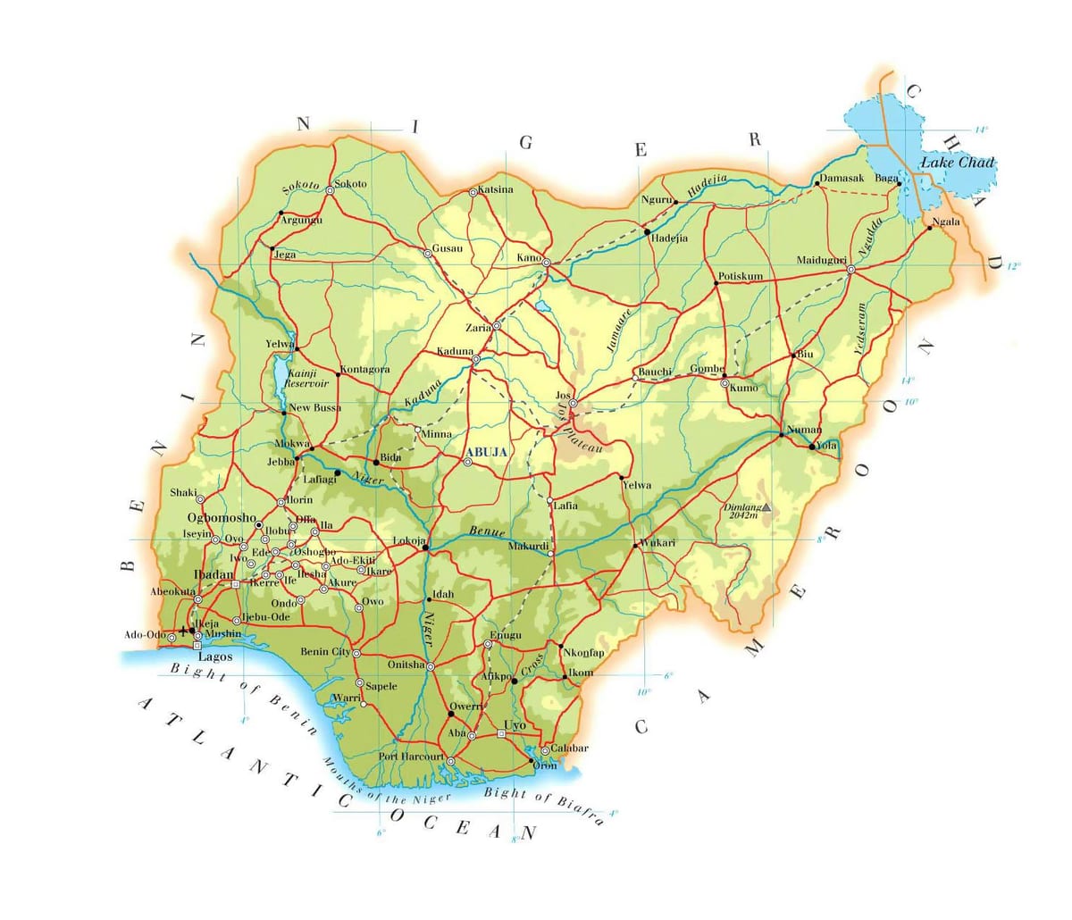 Kartta fyysisen nigeria