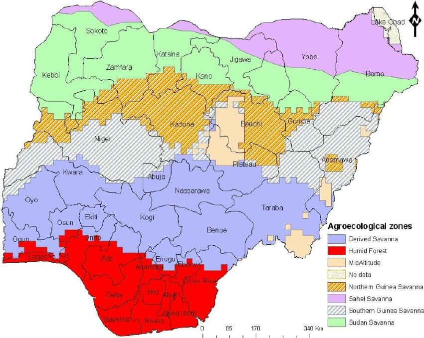 Kartta nigeria osoittaa, että ekologisia vyöhykkeitä