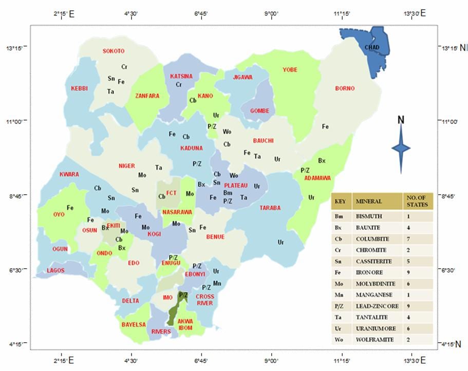 Kartta nigeria osoittaa mineraalivarat