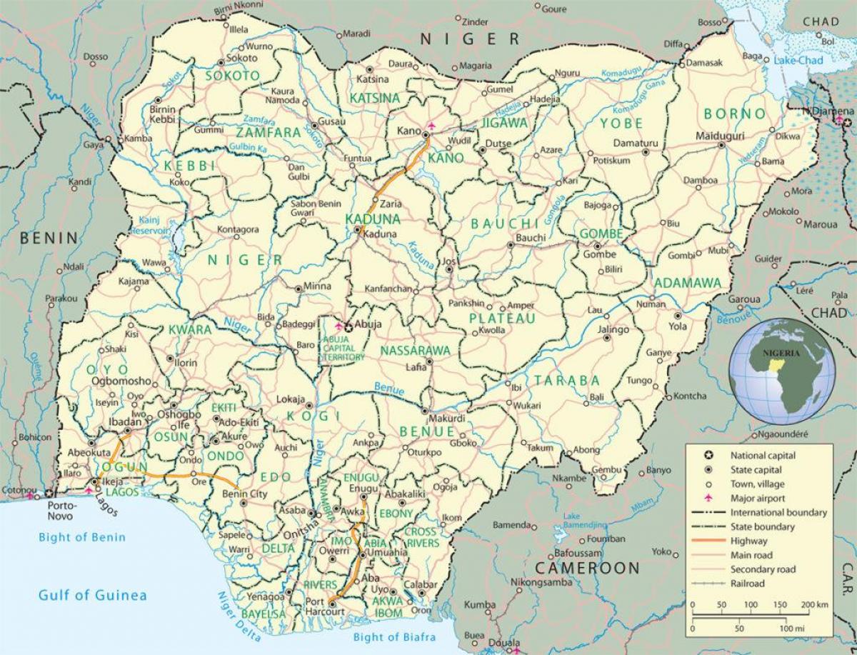 Nigerian kartta, jossa valtiot ja pääkaupungit - Kartta nigeria osoittaa  valtiot ja pääkaupungit (Länsi-Afrikka - Afrikka)